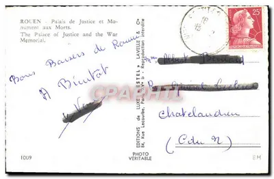CPM Rouen Palais de Justice et Monument Aux Morts — Verso