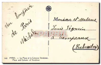 Paris — Place Vendôme e a Coluna Vendôme — Édition Cimper — Verso