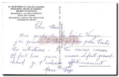 Bernadette davanti alla sua capanna — custodendo le pecore — Edizione A. DOUCET, Lourdes — Verso