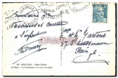 Deauville - La Plage e il Bar del Soleil — editore Real-Photo, n°103 — Verso