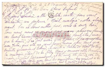 Meisje dat schrijft — antieke ansichtkaart van Kerstmis 1932 — uitgever niet zichtbaar — Achterkant