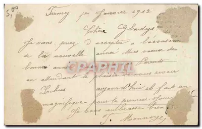 Menina segurando uma foice e um buquê — Boa Ano — editor G. Golla, n° 7318 — Verso