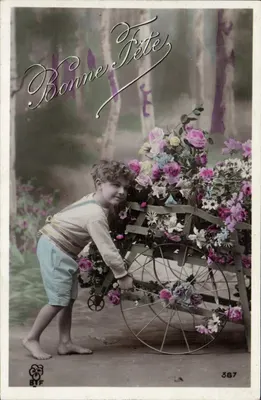Dziecko z wózkiem kwiatów — Szczęśliwego święta — B.F. n°387