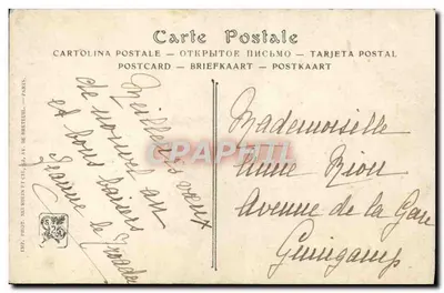 Ojciec i dziecko w warsztacie — modele statków — Virginie Demont-Breton, Francja — nr 7064 — Rewers