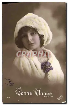 Młoda kobieta w kapeluszu i futrze — Szczęśliwy Nowy Rok 1929 — La MIGETTE, nr 2029