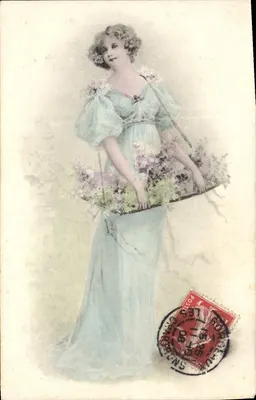 Mulher em vestido azul segurando um cesto de flores — série 'Poesias das flores' — A.S. V.