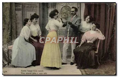 Concours de beauté — scène de salon avec un homme et cinq femmes — éditeur ELD, n° 4458