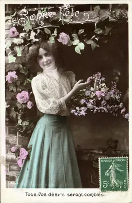 Mulher sorridente com buquê de rosas — Boa Festa — editor A. Lefebvre, n° 4144