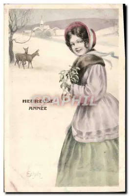 Jeune fille en hiver — scène de campagne avec cerfs — éditeur HEDREUSE ANNÉE