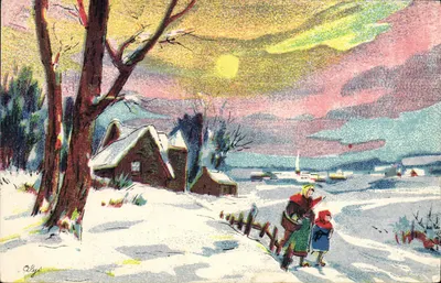 Cena invernal — mulher e criança caminhando em um paisagem nevada — Alye