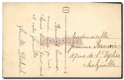 Zimowy krajobraz — Wesołych Świąt — M.G.A. Fabryka Francuska nr 603 — Rewers