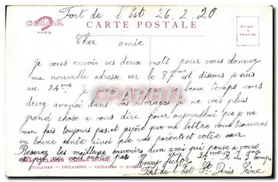 Cyclamen — bouquet de fleurs roses — éditeur COLOR PARIS, n° 603 — Rewers