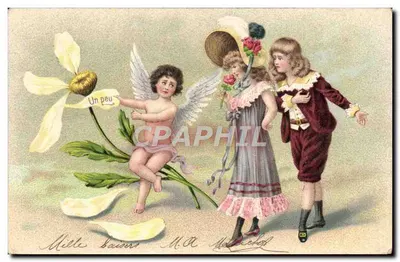 Cupidon oferecendo uma rosa a uma jovem — ilustração romântica — editor não identificado