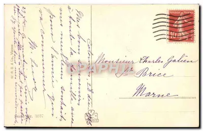 Scena zimowa — dzieci na lodzie obok domu — W. R. B. & Co., Wiedeń, seria n° 3037 — Rewers