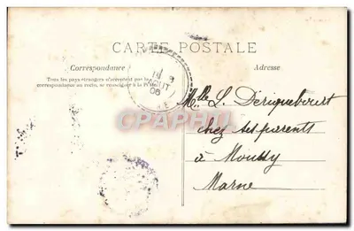 Mulher em vestido de estilo Art Nouveau — com texto impresso e assinatura — M.F. Paris — Verso