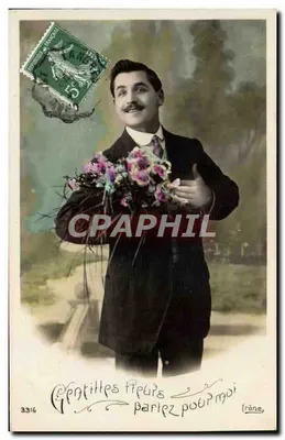Jovem homem com buquê — 'Belas Flores partam para mim' — Irène, n°3316