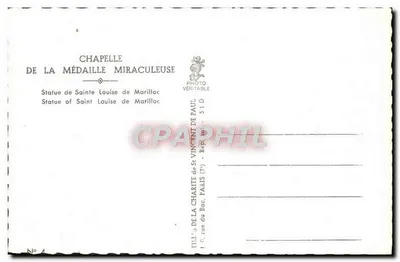 Statua św. Louise de Marillac — Kaplica Świętej Medaliki — Wydawca: TILL & Cie, Paryż — Rewers