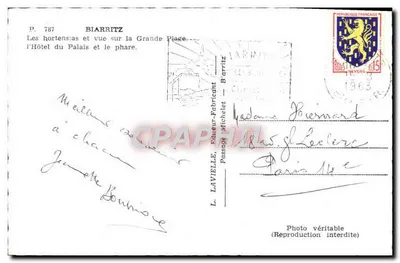 Biarritz — De blauwe kroon en uitzicht op de Grande Plage, het Hôtel du Palais en de lantaarn — L. LAVIELLE, uitgever in Biarritz, n° P. 787 — Achterkant