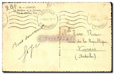 Lourdes — A Basílica e o Calvário vistos do Castelo Forte — Edição P. Doucet, Lourdes — Verso