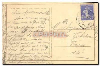 TRÊS ESPIGAS, Alta-Alsácia — vista através dos pinheiros — editor Patras — Verso