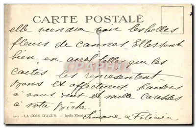 Jardín Fleurir — La Costa Azul — Editor Rostand & Pinaud, n°1011 — Reverso
