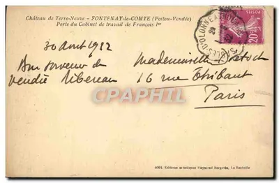 Porta do Gabinete de Trabalho de François I — Castelo de Terre-Neuve — Fontenay-le-Comte (Poitou-Vendée) — Edições Artísticas Raymond Bergevin — Verso