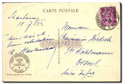 Orschwiller — vue sur le Haut-Königsbourg (altitude 757 m.) — édition spéciale du château, éditeur BRAUN & Cie, Mulhouse-Dornach, n° 701 — Verso
