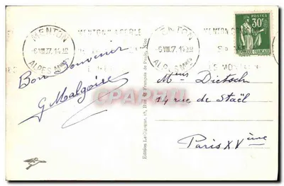 Menton — Visão tirada do Cap Martin — Edição La Cigogne, n°1680 — Verso