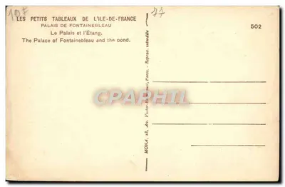 Palais de Fontainebleau — Le Palais et l'Étang — Éditeur Mona, n° 502 — Verso