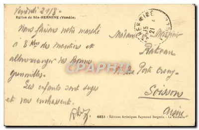 Igreja de Ste-Hermine — Vendée — Edições Artísticas Raymond Bergevin, n°6851 — Verso