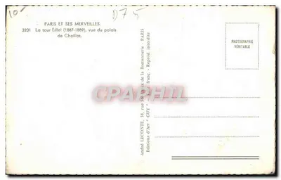 Wieża Eiffla — widok z pałacu Chaillot (1887-1889) — André Leconte, Paryż — Rewers