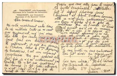 Thiaumont, perto de Douaumont — Monument da Trincheira das Baionetas — editor desconhecido, n° 458 — Verso