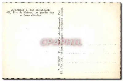 Versalles y sus maravillas — Parque del Castillo, las grandes aguas en el Estanque de Apolo — Ed. d'Art GUY, n° 423 — Reverso