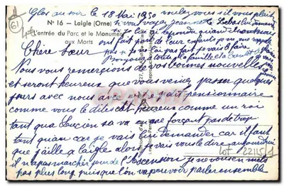 A entrada do Parque e o Monumento aos Mortos — Laigle (Orne) — Editor: Le Vallon d'Alain, n° 16 — Verso