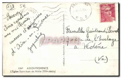 Kościół św. Jana na Malcie — Aix-en-Provence — wydawca Rella, nr 1049 — Rewers