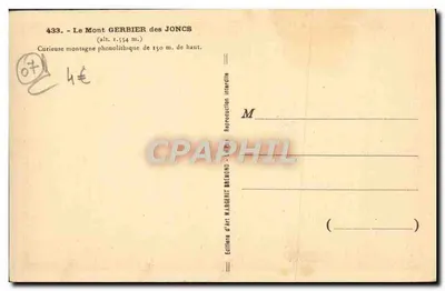 Monte Gerbier des Joncs — montanha fonolítica — Edições d'Art Margerit Brenond, n° 433 — Verso