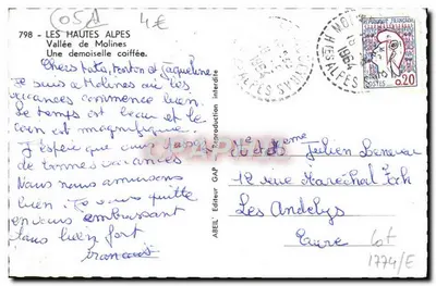 Vallée de Molines — Les Hautes Alpes — Éditeur ABEIL GAP, n°798 — Verso