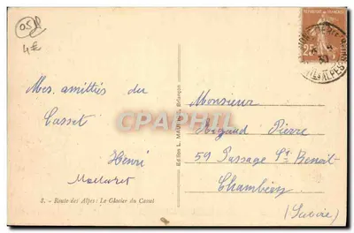 Rodovia das Alpes: O Glaciar do Casset — Edição L. MAUTHÉ, Brlangon — Verso