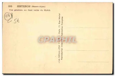 Sisteron (Basses-Alpes) — Vue générale au fond vallée du Buéch — Les Éditions d'Art Yvçn — Verso