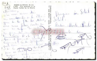 Digne-les-Bains — Ogólny widok i wysoka dolina Bléone — Wydawnictwo Artystyczne D.I.A. NICE — Rewers