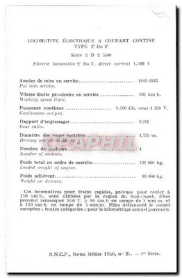 Locomotiva Elétrica SNCF Tipo 2D2 — Série 2D2 5500 — S.N.C.F., Notre Métier 1950, n° 25 — 1ª Série — Verso