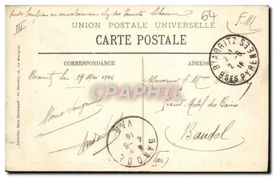 Biarritz — Szwedzki statek "Padosa" w stanie zagrożenia przed Wielką Placem, 14 grudnia 1907 — Fotografia Jugand, nr 163 — Rewers