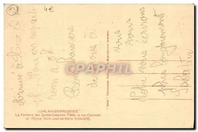 Fontaine des Quatre-Dauphins — Aix-en-Provence — editor Relta, n° 1.046 — Verso