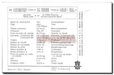 Locomotiva Tipo 61 e Tender Tipo 35 — Série 4 — Editada por L'A.R.B.C. — Bruxelas — Verso