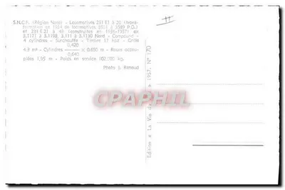 Lokomotywa 231 E1 à 20 — S.N.C.F. Région Nord — Wydanie « La Vie du Rail » N° 170 — Rewers