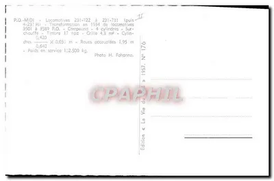 Locomotivas 231-722 a 231-731 — P.O.-MIDI — Edição H. Fohanno N° 176 — Verso