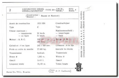 Diesellocomotief type 250 — S.N.C.B. — Serie 4 — Gepubliceerd door L'A.R.B.A.C. — Achterkant