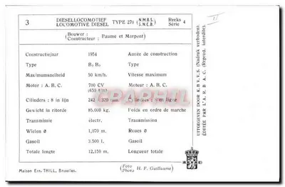Locomotiva diesel tipo 270 — Série 4 — Editada por L'A.R.B.C. — Verso