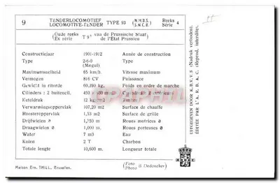 Lokomotywa z tenderem typu 93 — Wydanie z serii T 9³ Pruskiej Rzeczypospolitej — Wydawnictwo Ern. THILL, Bruksela — Rewers