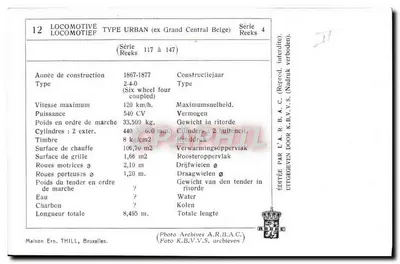 Locomotiva Tipo Urban — ex Grand Central Belga — Série 4 — Editada por L.A.R.B.V.S. — Verso